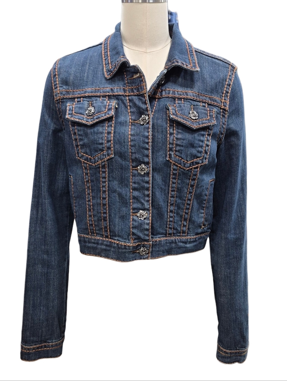 Rose Royce cropped denim jacket women's medium dark wash brown chunky stitching